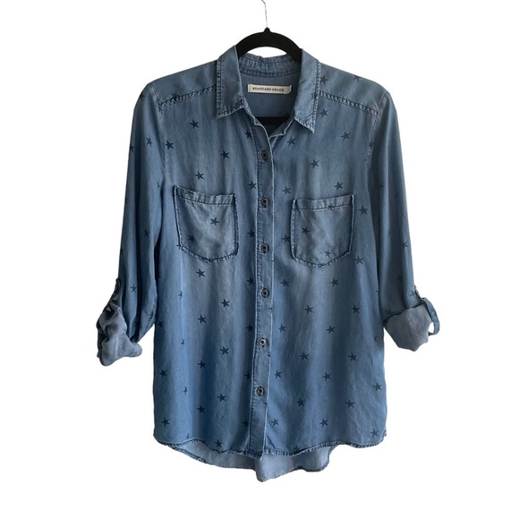 STANDARD GRACE Chambray Button Down Blouse Stars Blue S - Picture 5 of 7